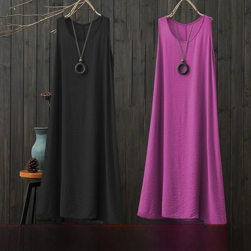 Summer Casual Loose Women's Vest Dress Cover Belly Sleeveless Retro Art Pure Color Base Long Dress Polyester Fiber round Neck