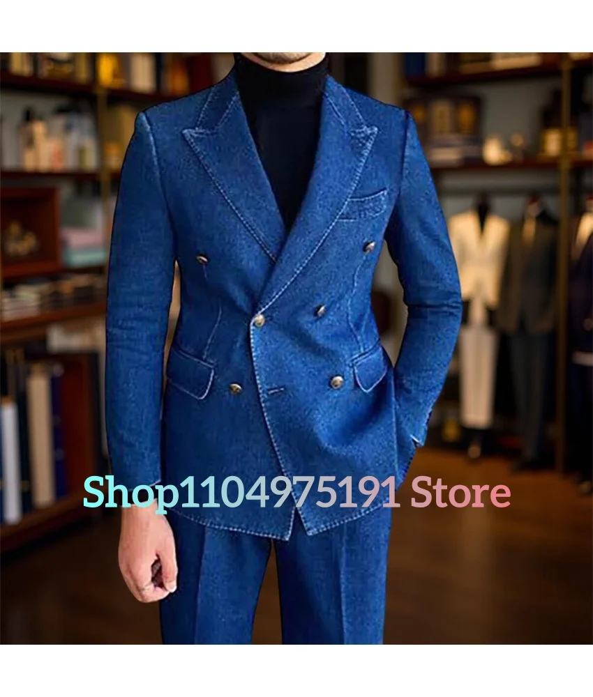 عالية الجودة مزدوجة الصدر الأعمال عادية الراقية الأزرق الدنيم الرجال دعوى قطعتين مجموعة (السترة + السراويل) الرجال المرحلة زي #5