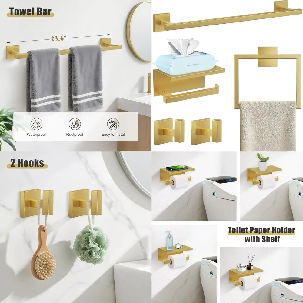 

Stainless Steel Brushed Gold Bathroom Accessory Set: Towel Bar, Holder, and Toilet Paper Shelf, Wall-Mounted, 23.6 Length