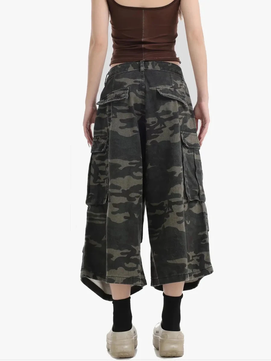 REDDACHiC Women's Camouflage Denim Bermuda Pants Retro High Waist Big Pockets Pleats Baggy Jorts Summer Casual Cargo Workwear