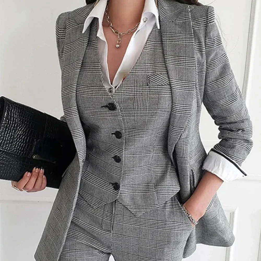 Women Elegant Formal Business Blazer 3 Pieces Suit Office Work Plaid Jacket Vest Pantsuit Korean Fashion Female Vintage Outfits