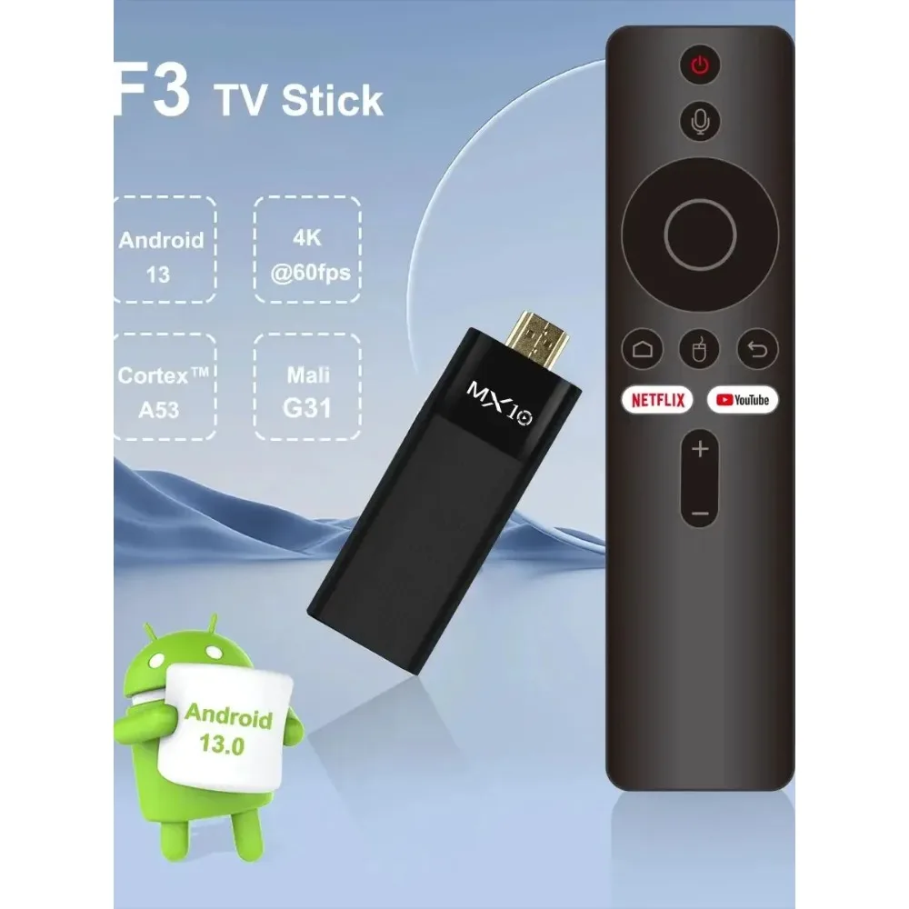 2025 MX10-F3 عصا جديدة Android13.0 2GB 16GB Allwinner H313 سعر جيد Mini Wifi BT 1080P 4K TV 2G + 16G صندوق عصا التلفاز