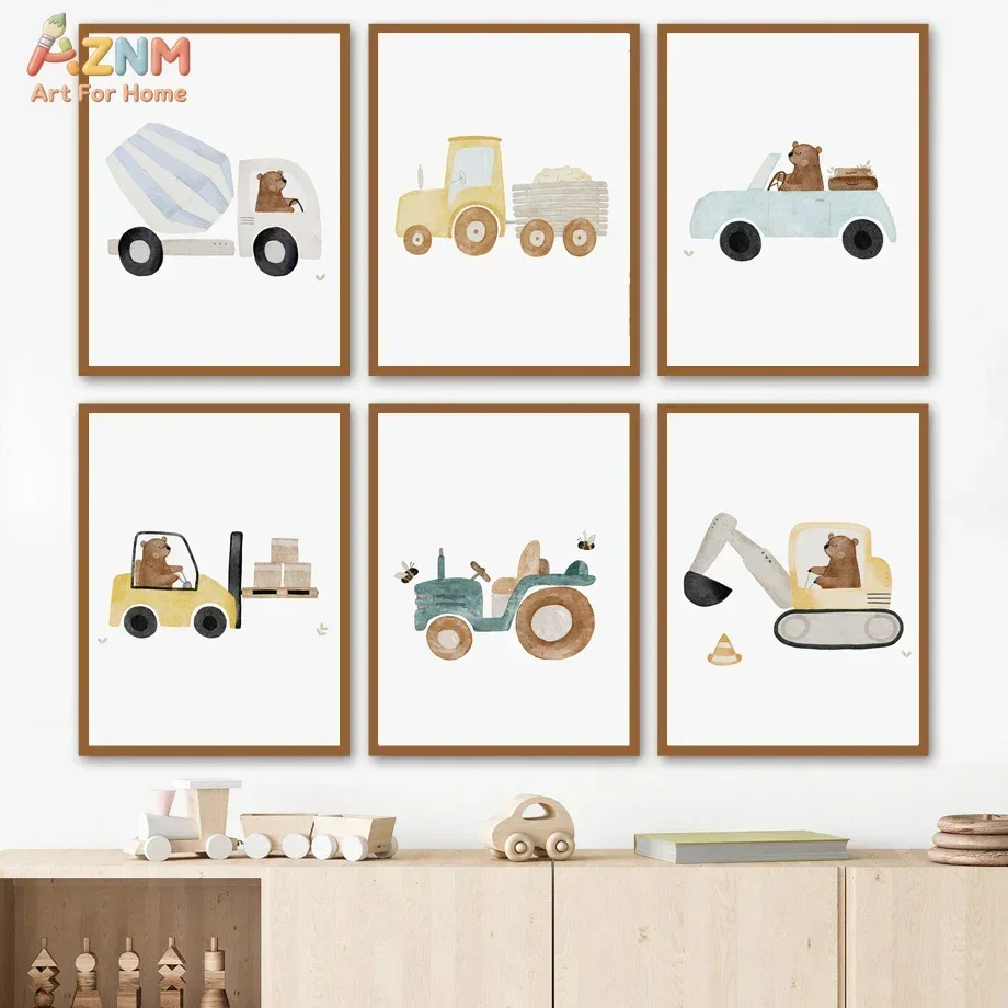 AZNM Bear Construction Truck Canvas Wall Art Excavator Tractor Mixer Car Watercolor Print Boys Nursery Room Unframed Decor Poste