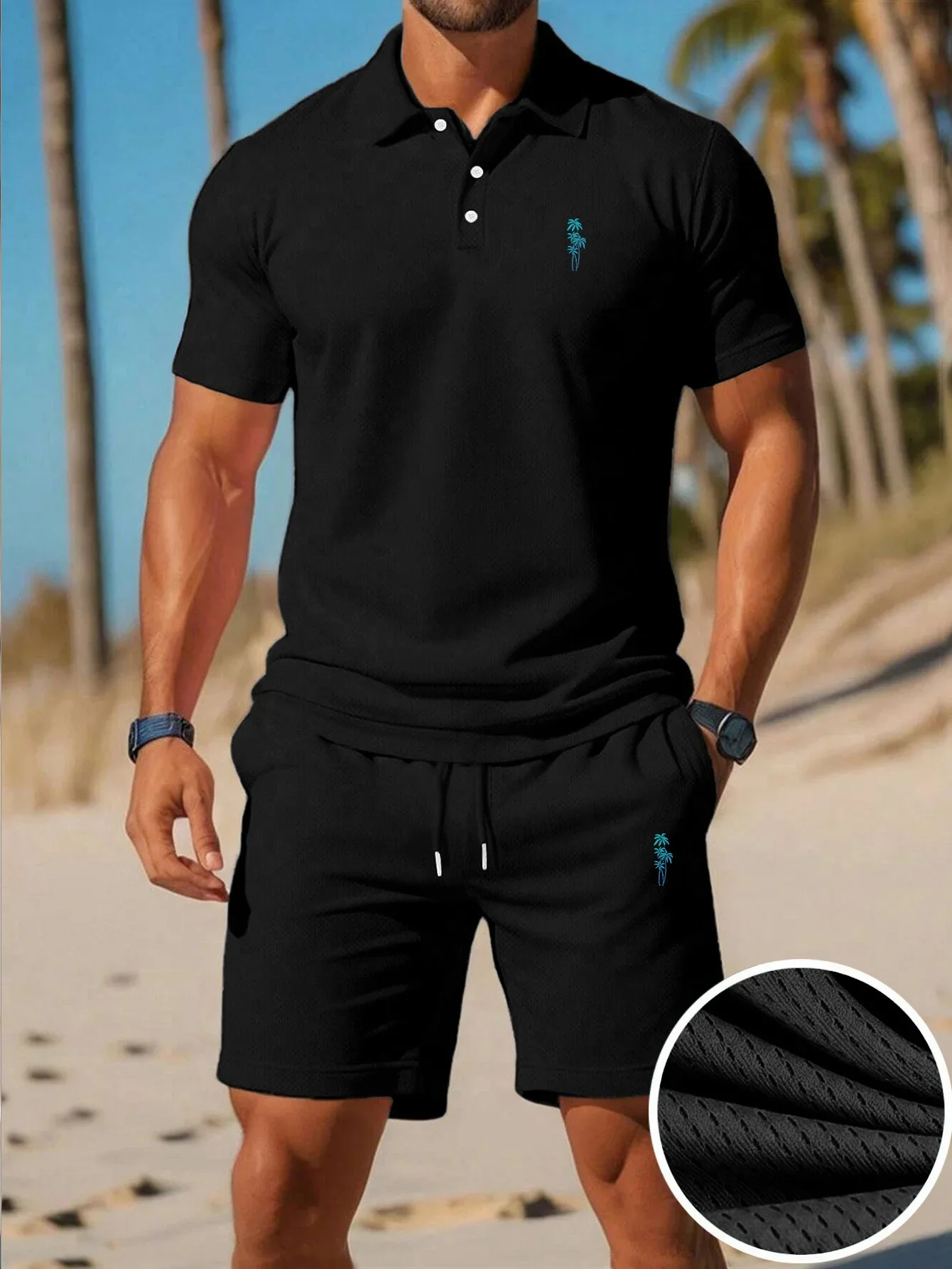 Summer New Men's Polo Shirt Set Casual Sporty Cool Fashionable Slim Fit Breathable Solid Color Short‑Sleeved Shorts Set Men's view 4