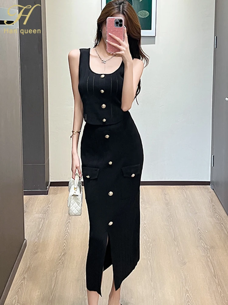 

H Han Queen Summer Fashion Buttons Knitted 2-Piece Short Top + Midi Skirt Casual Women Korean 2025 Elegant Set 2 Piece Woman