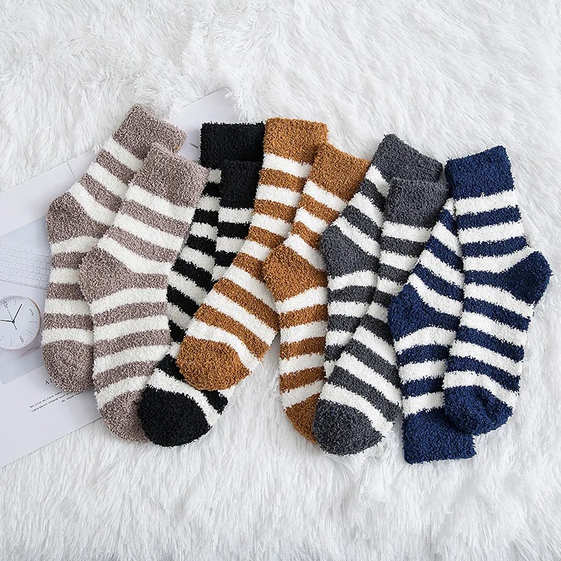 Men Soft Striped Socks Male Winter Warm Man Fluffy Thick Coral Velvet Socks Fashion Floor Terry Towel Fuzzy Sock Mens Meias Soks