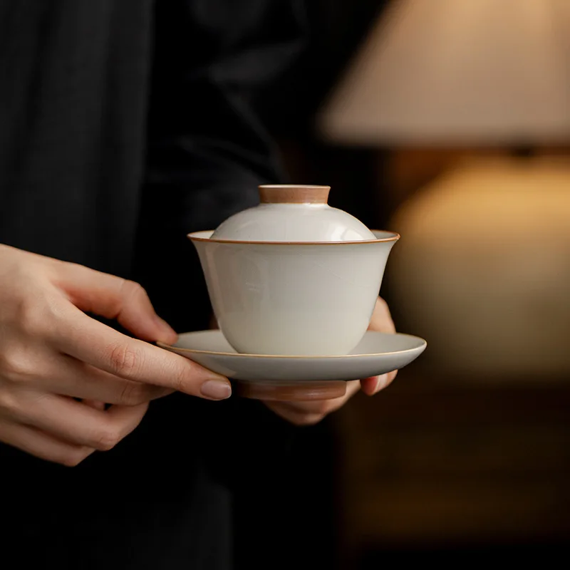 Ru Kiln Crackle Beige Ceramic Three-Talent Kung Fu Set Household Tea Offering Bowl Heaven and Earth Covered Bow