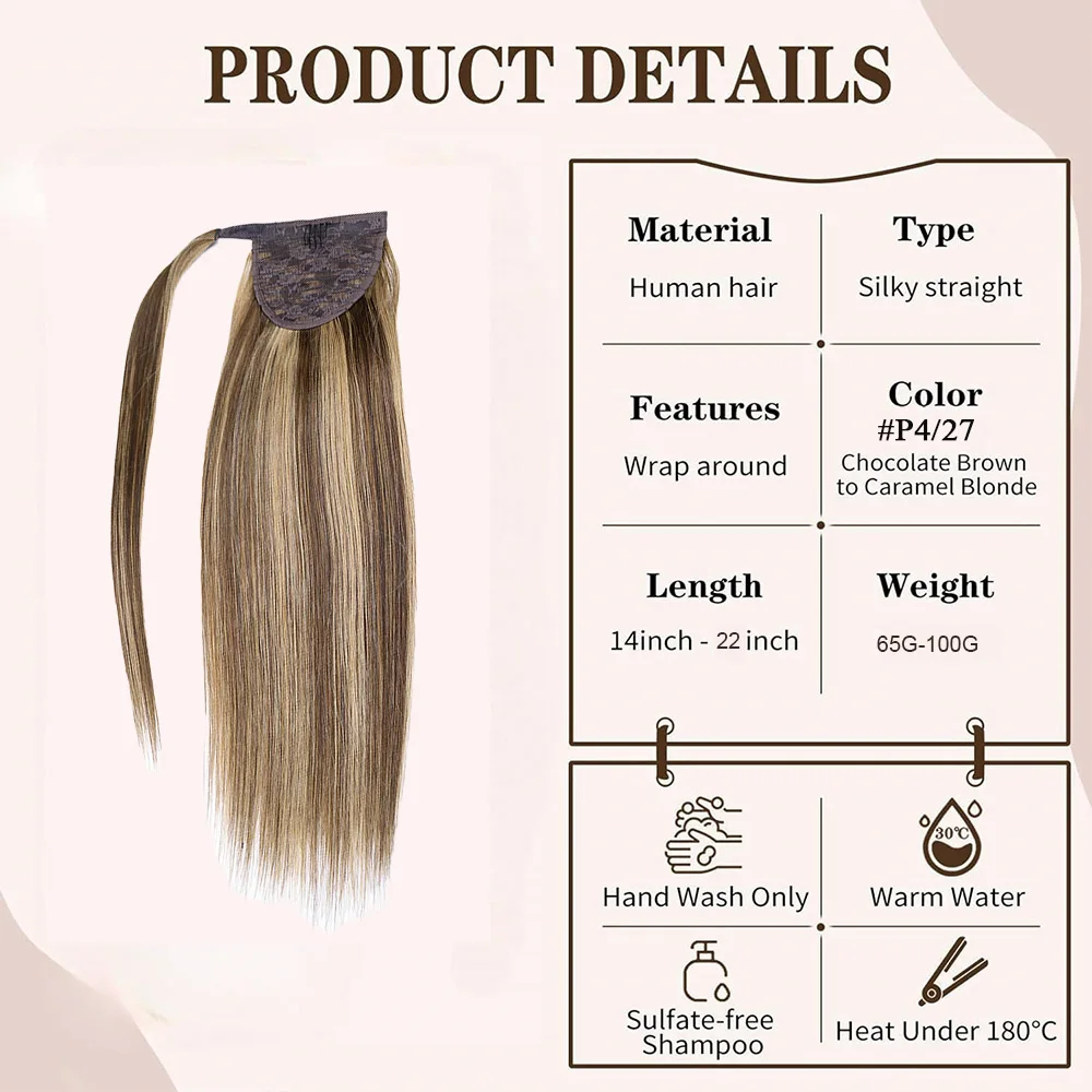 Extensions de Cheveux Naturels Queue de Cheval pour Femme, Pâte Magique, Balayage à Reflets Ronds, réinitialisation, 14-22 Pouces