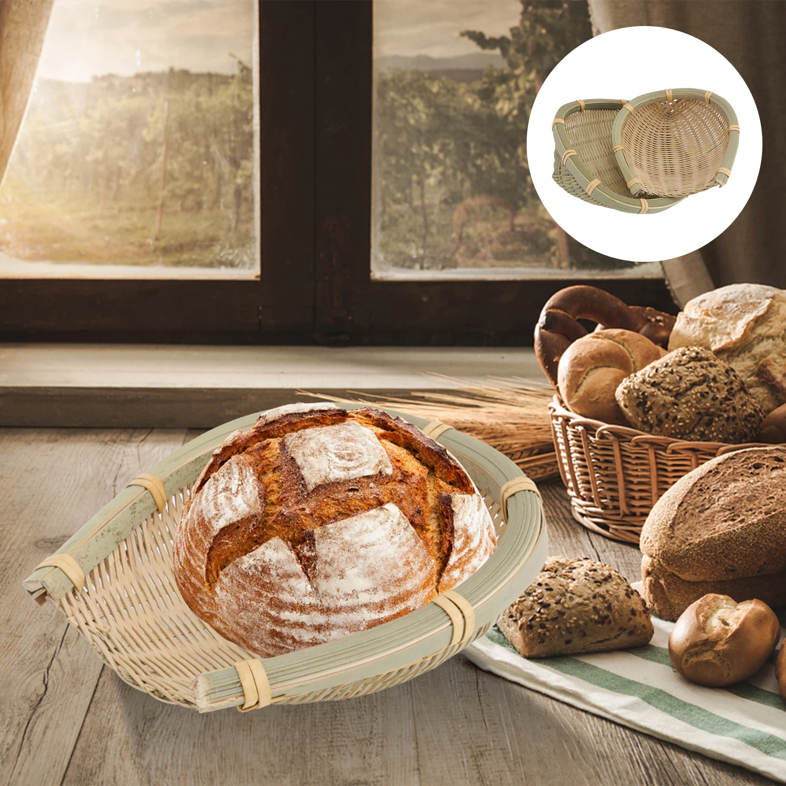 

2pcs Bamboo Woven Basket Storage Organizer Handmade Rattan Tray for Home Decoration Eco- Bread
