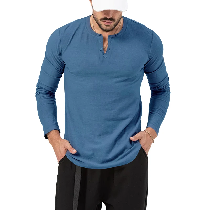 Men\'s round neck solid color button up long sleeved T-shirt Henley casual sports bottom shirt