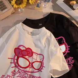 Hello Kitty Spider Man Print Woman Tees Bawełniane koszulki wysokiej jakości Anime Luźne koszulki na zewnątrz Luźne koszulki z krótkim rękawem