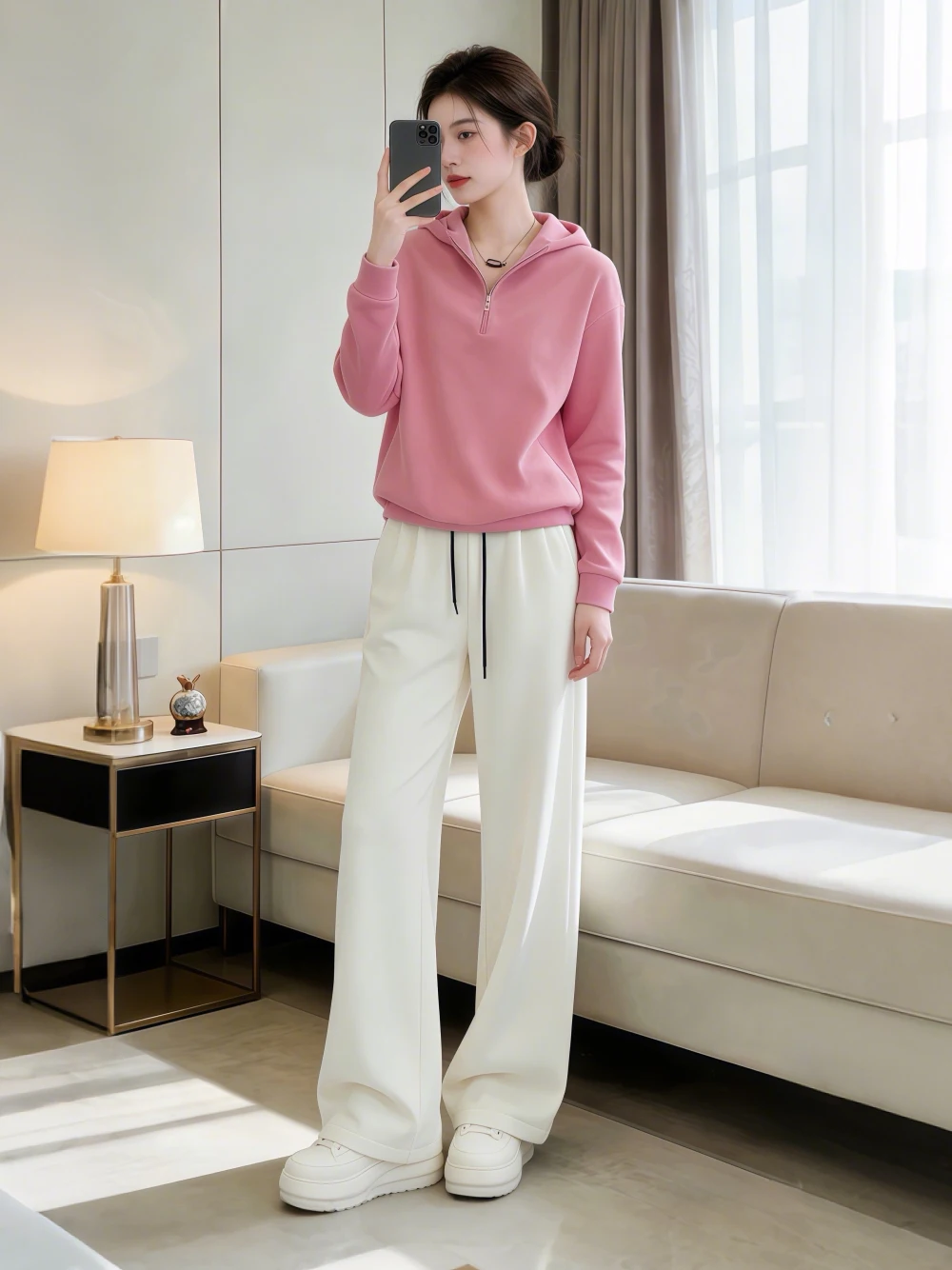 Pink Hooded Top And White Wide Leg Pants Two Piece Set Women's Fashion Spring New Arrival Outfit Casual Commute Style