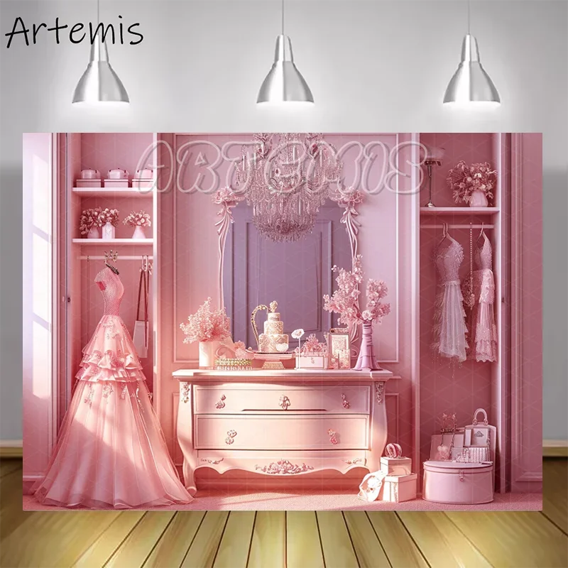 Hot Doll Pink Bedroom Photography Backdrop Princess Dress Armoire Dressing Table Baby Birthday Portrait Background Photo Studio