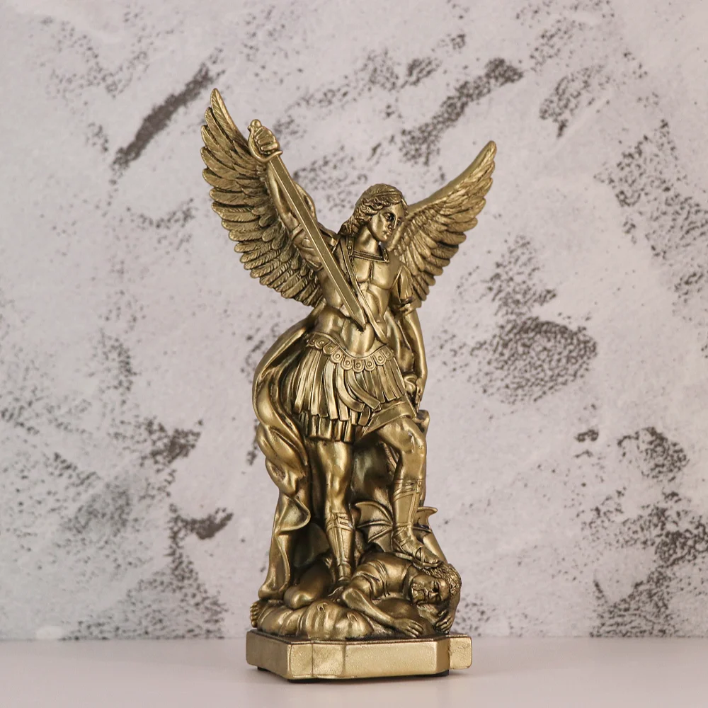 Retro Europäische Engelstatue, Heiliger Engel Michael Skulptur, Christliche Dekorative Kunstharz-Handwerkskunst, Wohnzimmer-Tischdekoration – Detail 4