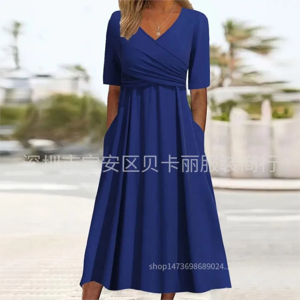 Vintage Elegantes Sommerkleid Mode Neues Einfarbiges Kurzärmeliges Langes Kleid Lässiges Urlaubs-Strandkleid Alltagskleid