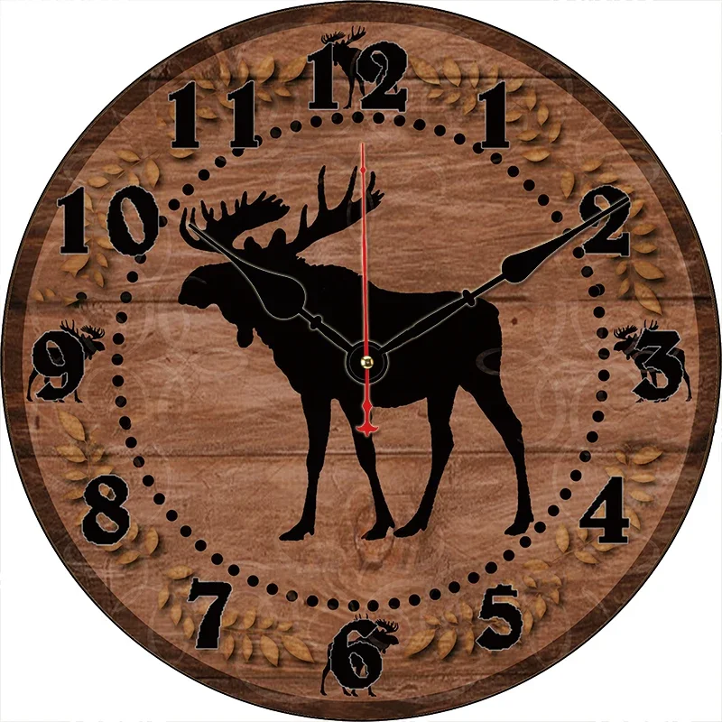 Vintage Wooden Elk Kitchen Round Wall Clock Large Dinning Restaurant Cafe Decorative Wall Clock Silent Non-Ticking Nice For Gift