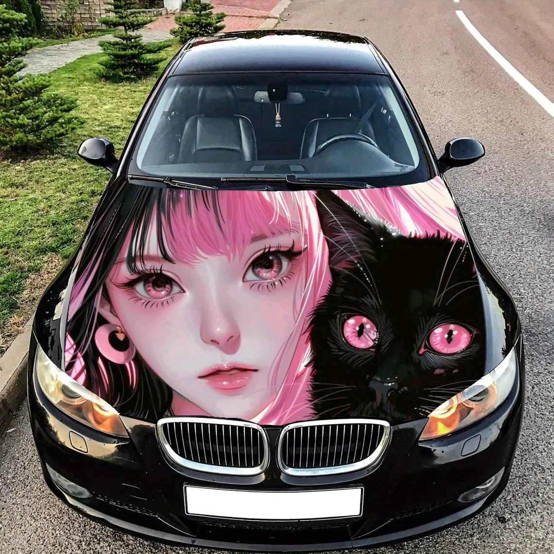 

Аниме девушка черный кот принт автомобильный капот обертка цветная виниловая наклейка грузовик графический капот авто аксессуары украшения защитная наклейка подарок