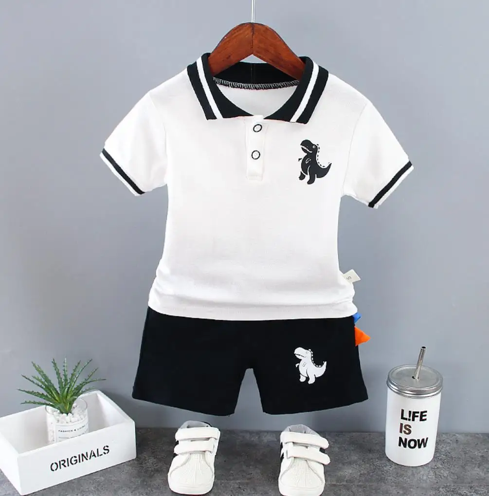 

Boys Summer Outfits 2024 New Style Baby Kids Clothes Dinosaur Printed Turn-down Collar T-shirts Tops and Shorts Toddler Sets