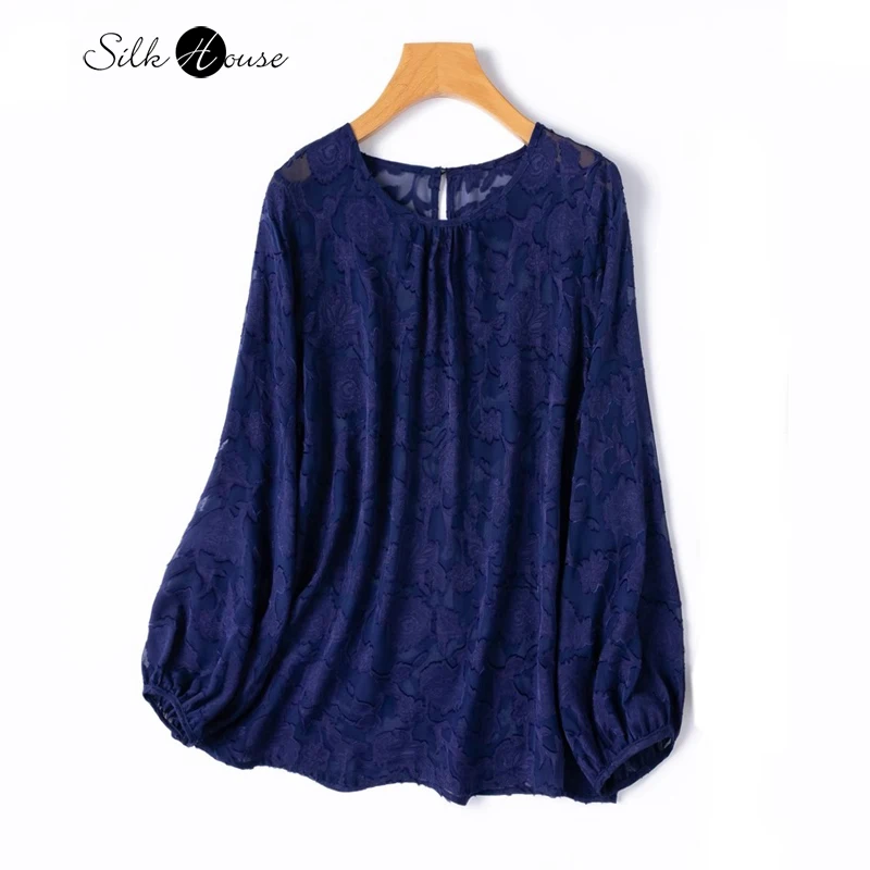 

Cut Flower Silk Hazy Semi Perspective Natural Mulberry Silk Round Neck Lantern Long Sleeved Loose Blue Women's Fashionable Top