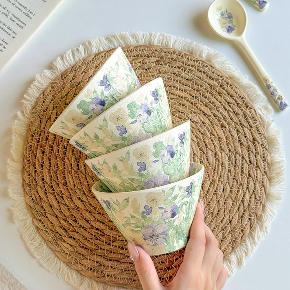 Light Purple Green Floral Ceramic Bowl Home Kitchen Breakfast Rice Salad Fruit Bucket Bowl Exquisite Tableware Dinner Bowls
