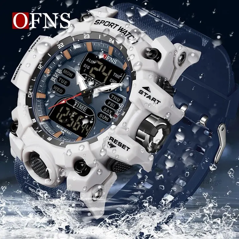 OFNS Top Dual Display Men Watches Waterproof Sports Watch Military Man Alarm Stopwatch Quartz Wristwatch Male Digital Clock