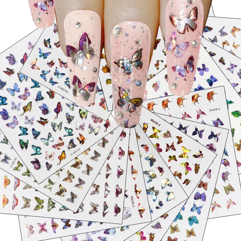 1 arkusz holograficzny naklejka do paznokci 3d Laser motyl pozostawia kwiaty naklejka DIY suwak do Manicure dekoracje artystyczne paznokci