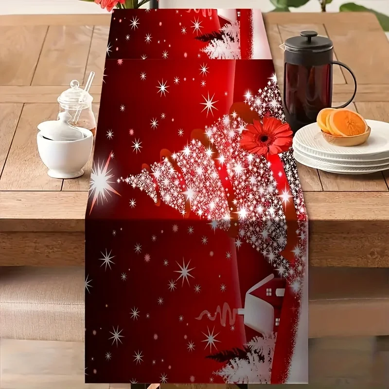 VIKAMA Christmas Red Snow Scene Table Runner Snowflake Holiday Gathering Living Room Dining Table Christmas Party Decorations
