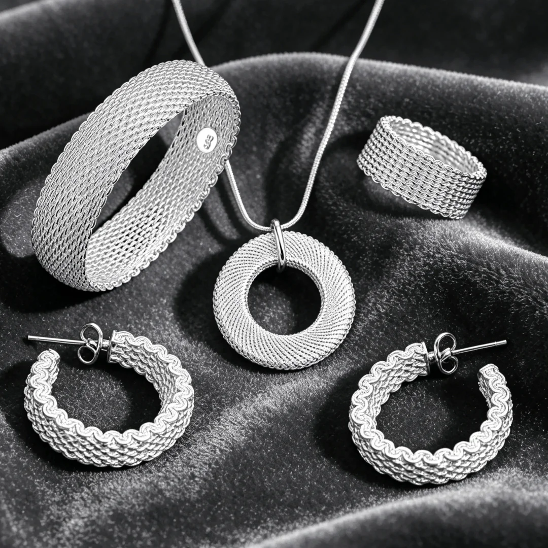 925 Sterling Silver Pretty Woven Mesh Chain Necklace Earrings Bangle Ring for Women Fashion Party Wedding Jewelry Set Gift
