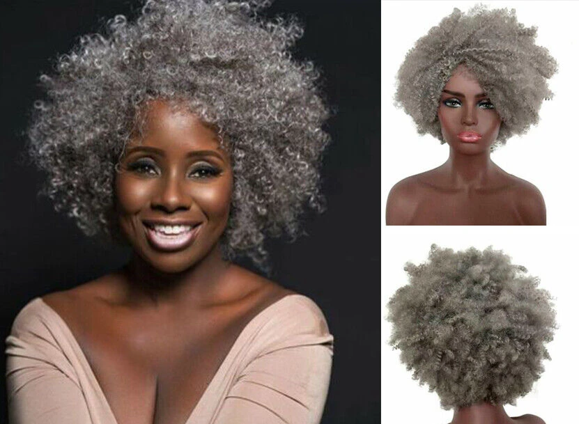 Short  Curly Grey Natural Looking Soft Synthetic Cos Wigs for Black Women