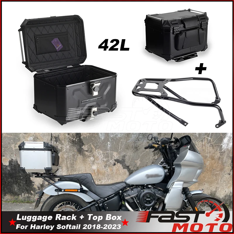 Motorcycle Aluminum Rear Trunk Luggage Case Motorbike Tail Storage Box W/ Mounting Bracket Rack For Harley Softail Street Bob