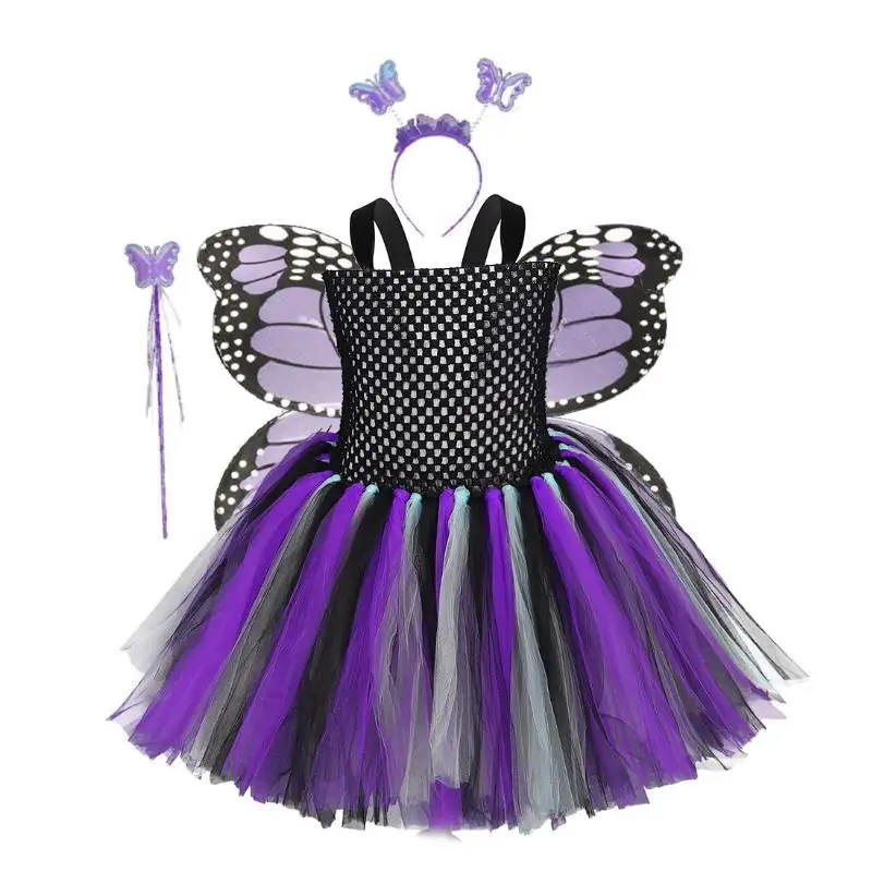 2024 New Purple Fairy Butterfly Tutu Dress Girl With Wings Fancy  Birthday Party Dresses Kids Cosplay Halloween Costume2-10Y