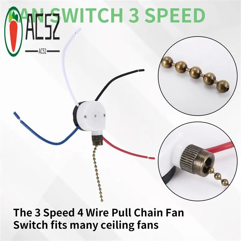 AC52-Ceiling Fan Lights Switch Zingear ZE-208S E89885 3 Speed 4 Wire Fan Switch Pull Chain ,Fan Lights Switch