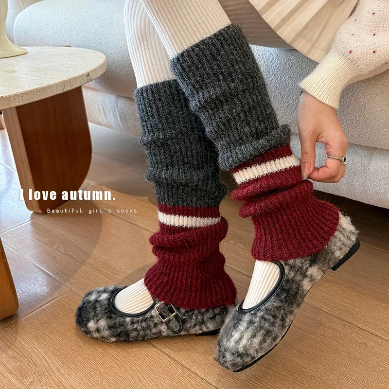Women's Multi-color Wool Sock Sets with Contrasting Knit Long Leg Covers and Thick, Warm American-style Long Socks