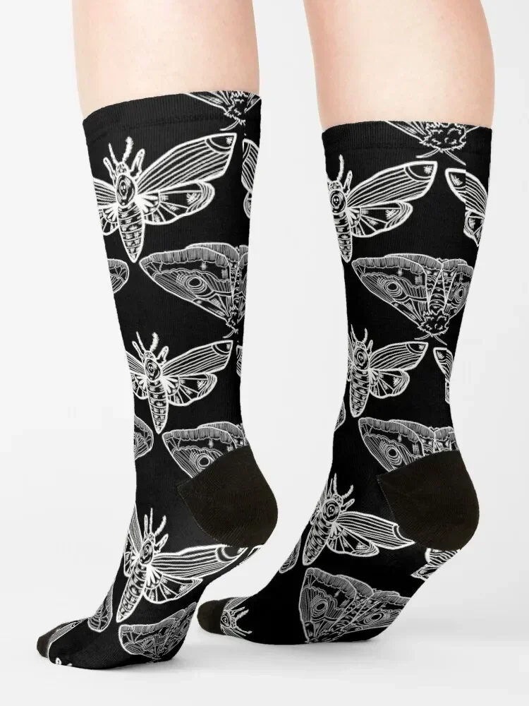Magical Midnight Moth Pattern - White on Black Socks cute essential christmas gift with print Socks For Men Women's