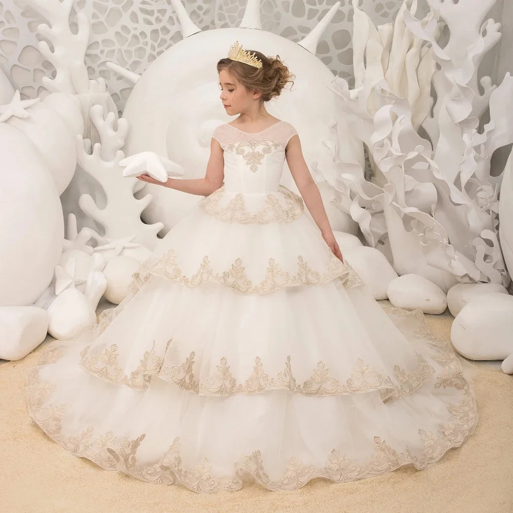 Robe bouffante en tulle pour filles, appliques superposées, robe de demoiselle d'honneur élégante, mariage, première année, charistic, robes de fête d'anniversaire