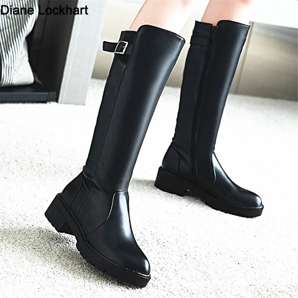 

2023 New Women Knee High Boots Thick Heel Platform Long Autumn Winter Was Thin Jane Martin Simple Botas Mujer Black White Beige