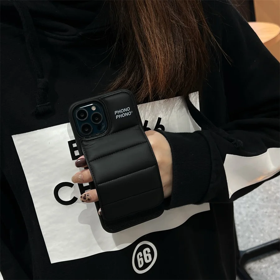 Wristband Phono Puffer Case For iPhone 15 14 13 12 11 Pro Max Mini XS XR 7 8 Plus Down Jacket Wrist Strap Protective Cover Case