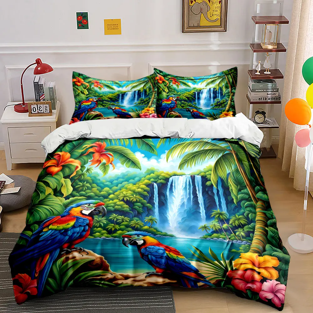 Tropical parrots and waterfall scenery Print Soft Comfortable Duvet Cover Bedding Set Included 1*Duvet Cover 2*Pillowcases