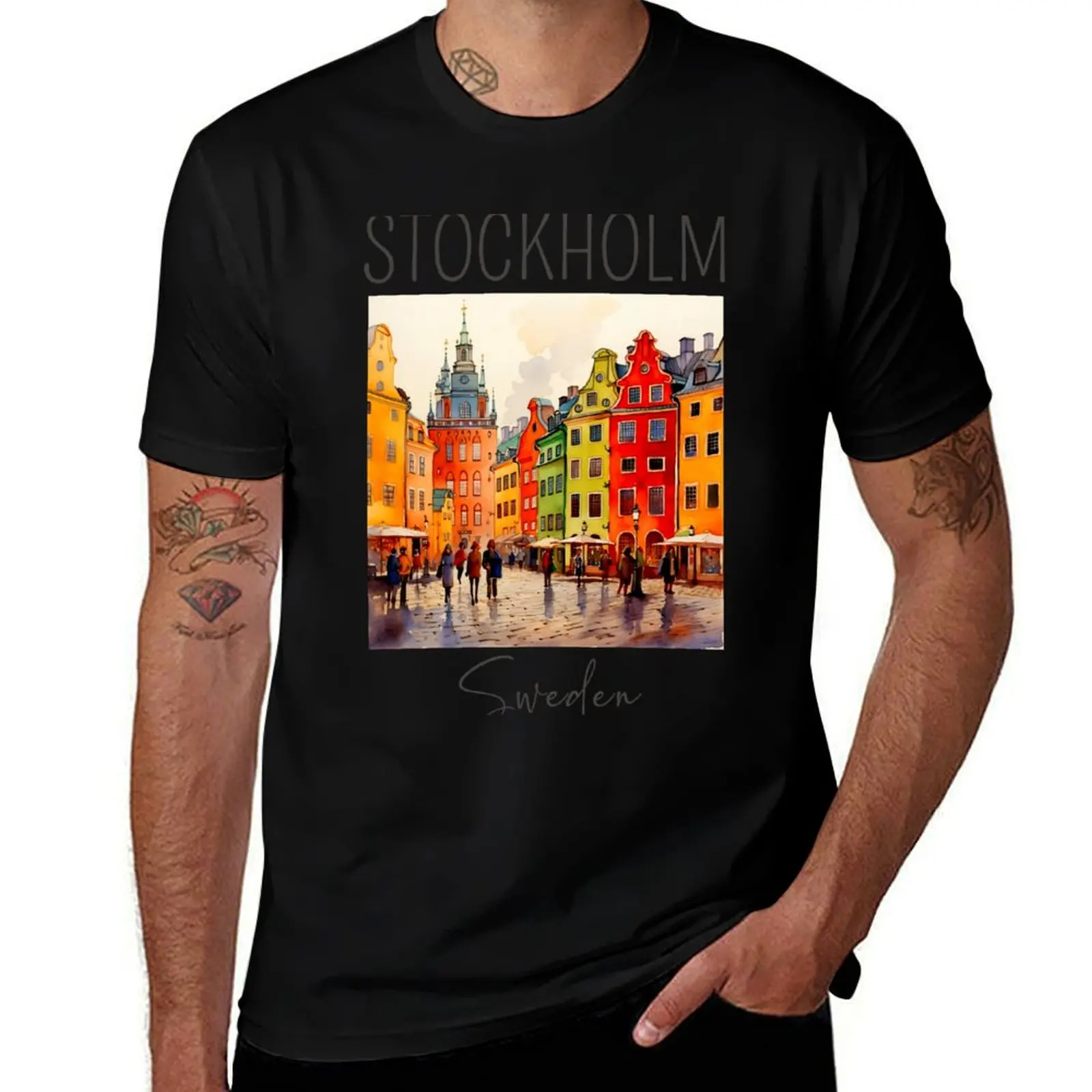 A Watercolor Design of Stockholm - Sweden T-Shirt Mechanic Work Tee Shirt