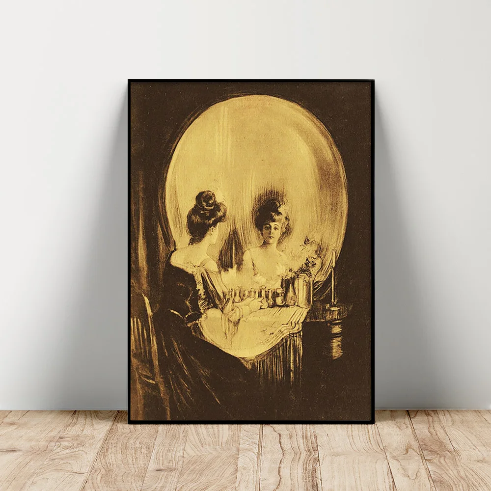 Charles Allan Gilbert Print Art Poster All Is Vanity Psychedelic Canvas Painting Skull Woman Memento Mori Wall Picture Decor