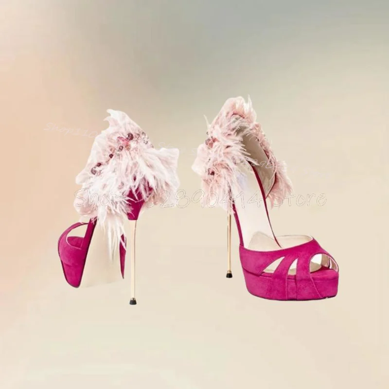 Pink Feather Decor Rose Red Peep Toe Platform Pumps Slip On Women Shoes Thin High Heels Fashion Party 2024 Zapatos Para Mujere