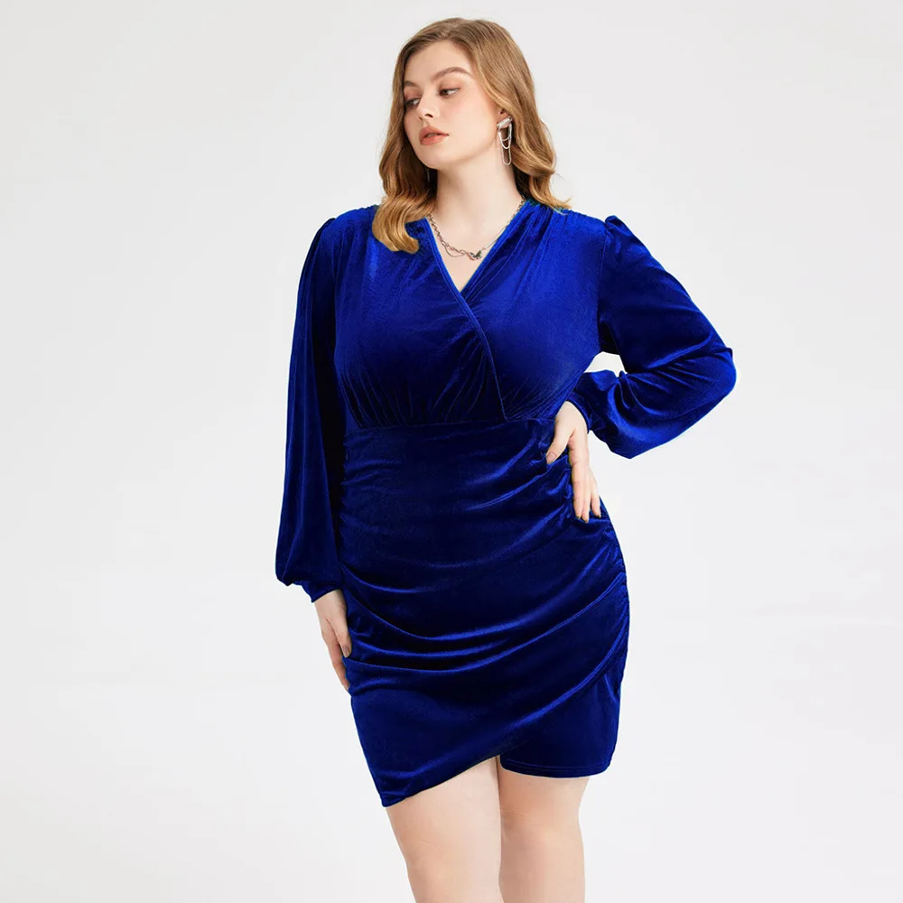 Plus Size damskie suknie wieczorowe z dekoltem w serek z elegancka, długa rękawem złota aksamitna sukienka modnym temperamentem damskie sukienki