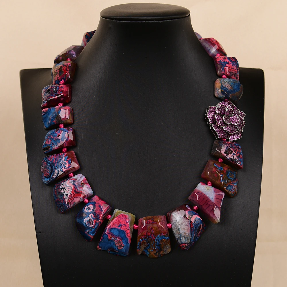 

GG 19" Natural Rose Red Agate Cz Flower Connector Necklace