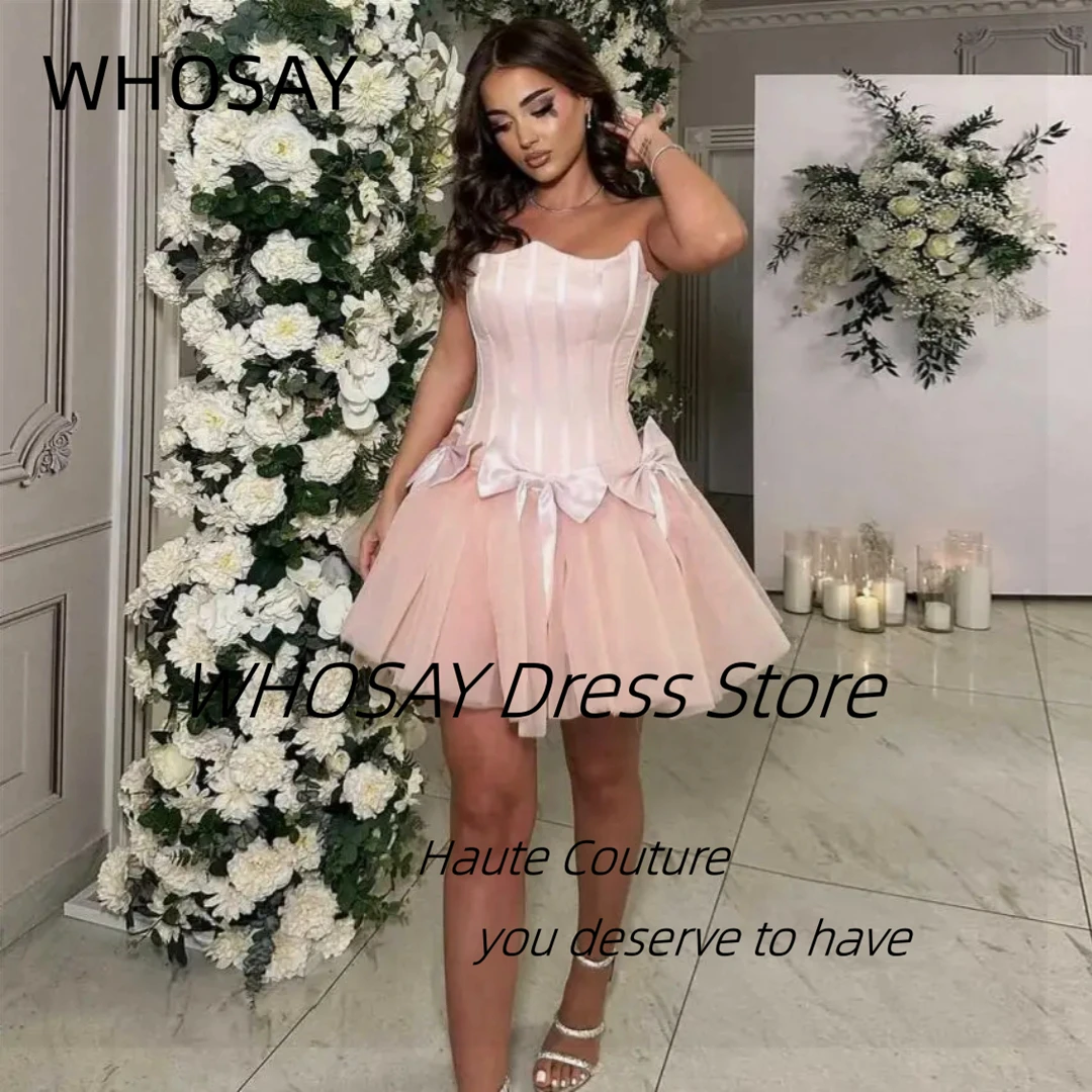 

WHOSAY Mini Tulle Prom Dresses with Bows Strapless Graduation Party Girls Wear A Line Homecoming Dress Bespoke