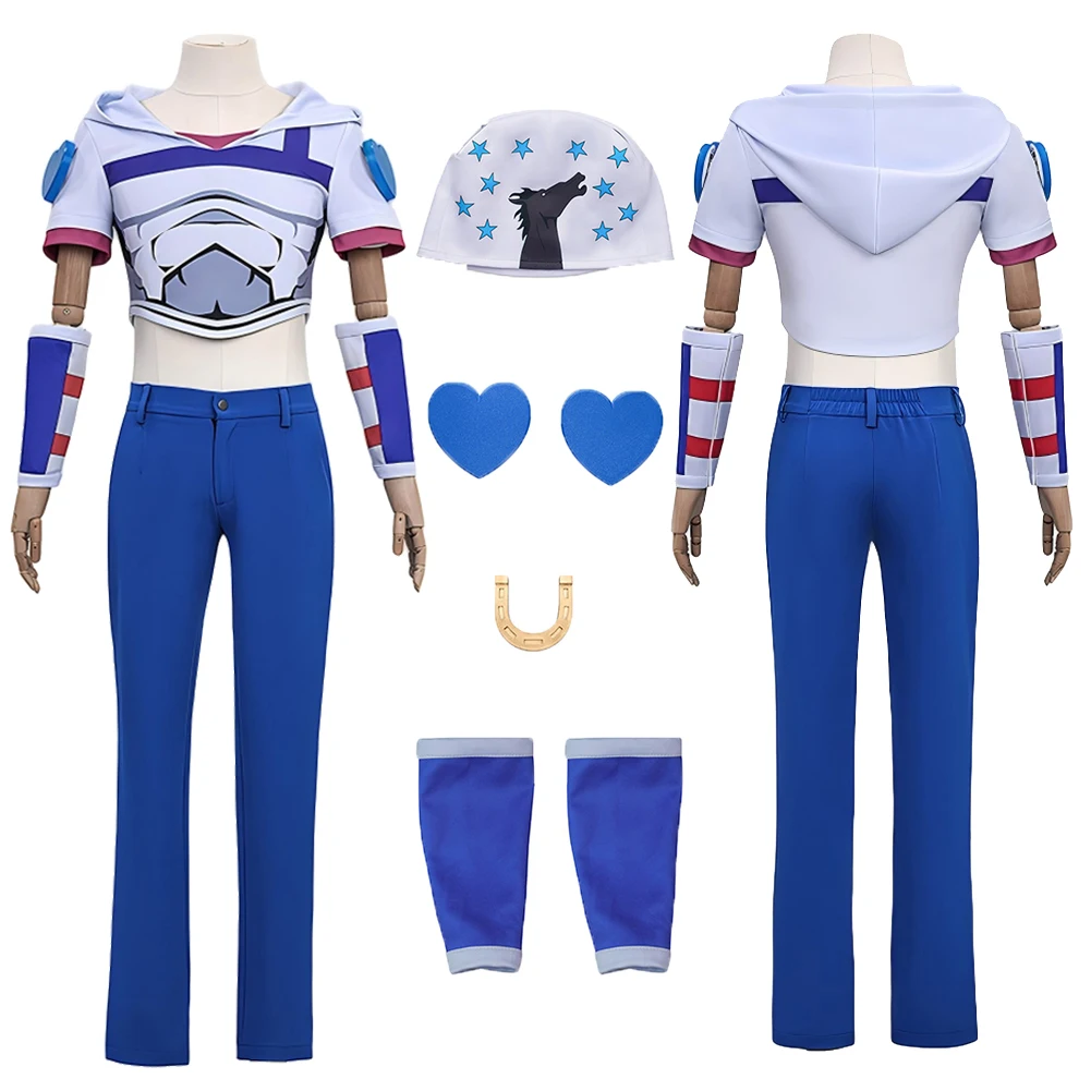 

Anime JoJo Cosplay Bizarre Adventure Johnny Joestar Costume Hat Outfits Blue White Clothes Set Halloween Clothing Carnival Party