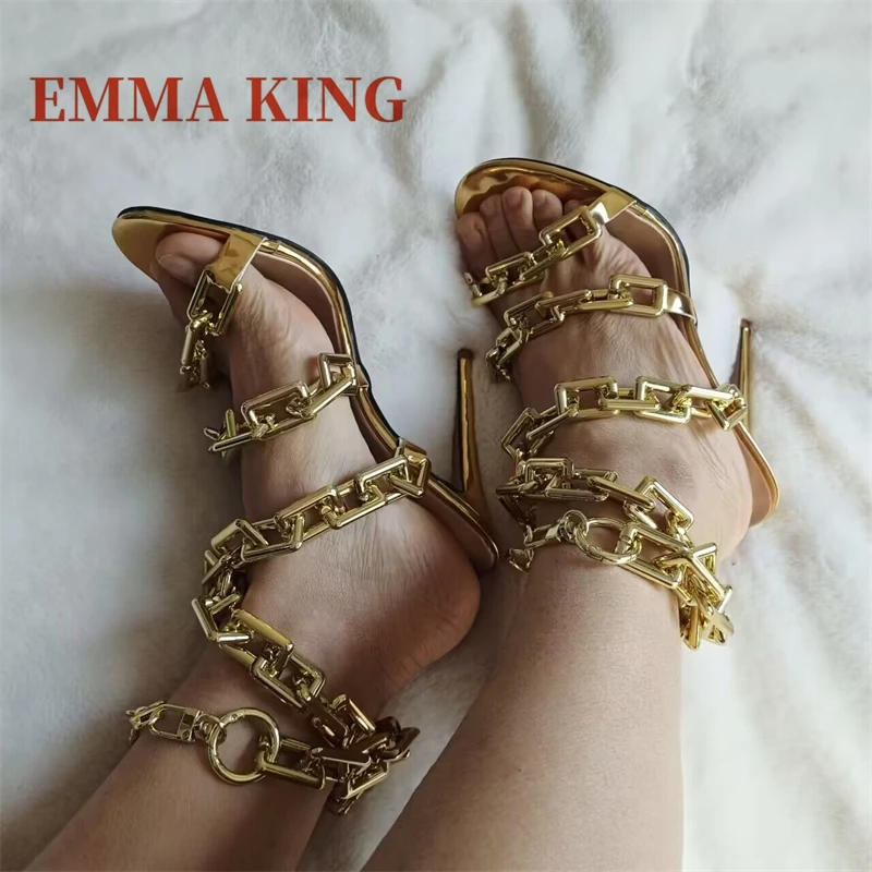 الذهب سلسلة الأشرطة النساء الصنادل عالية الكعب رقيقة الكاحل التفاف الصنادل سلسلة ربط Strappy أحذية موضة فستان الحفلات الصنادل الأحذية #5