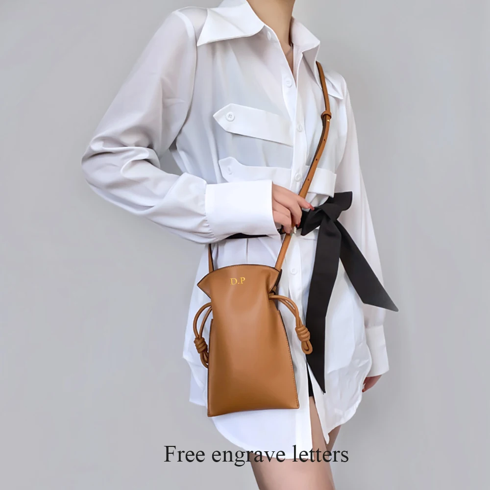 Luxury Leather Women Crossbody Phone Bag Personlize Letters Female Mobile Pouch Hobo Fashion Knots Drawstring Shoulder Purse