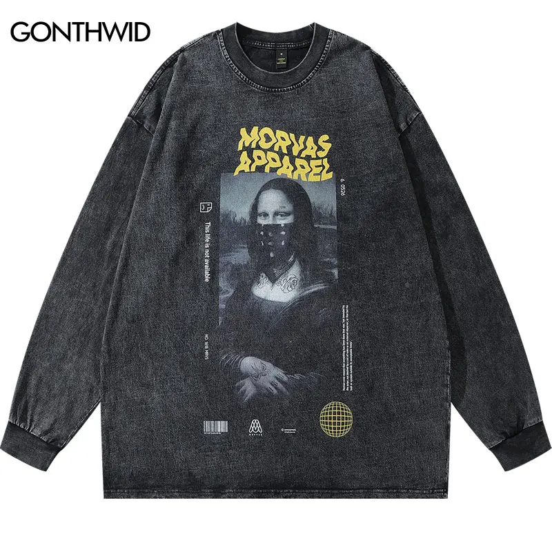 

Vintage Oversize Tee Shirts Hip Hop Funny Mona Lisa Print Washed T-Shirt Streetwear Men Harajuku Cotton Loose Long Sleeve Tshirt