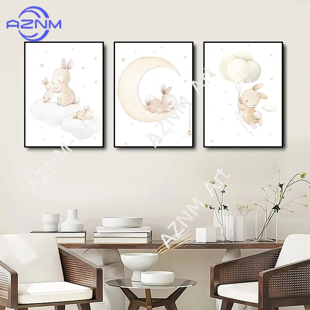 1/3pc Cartoon Rabbit Playing on The Moon and Clouds Poster Canvas Painting Cute Rabbit Picture Print Wall Art for Home Decor