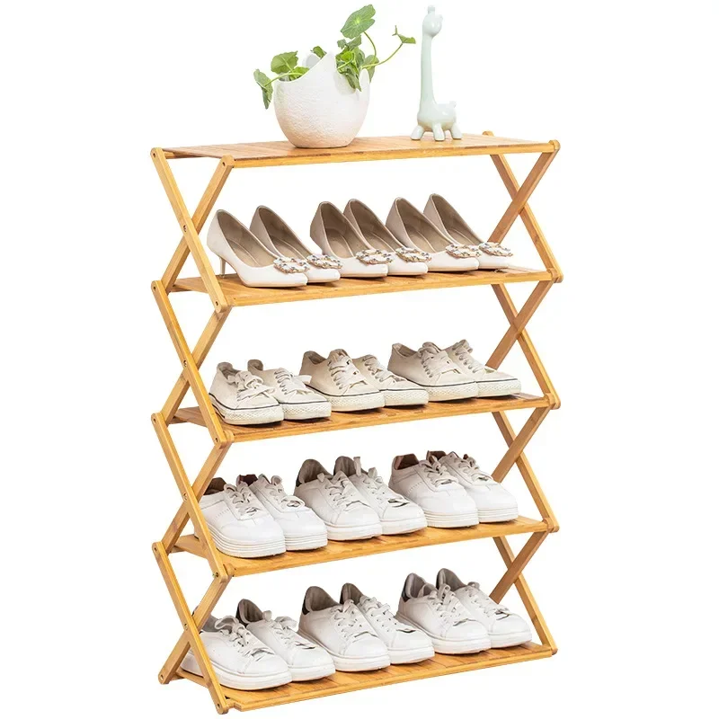 Free Installation Shoe Rack Multi-Layer Simple Shoe Cabinet Door Economic Bamboo Wooden Folding Shelf Multifunctional Household